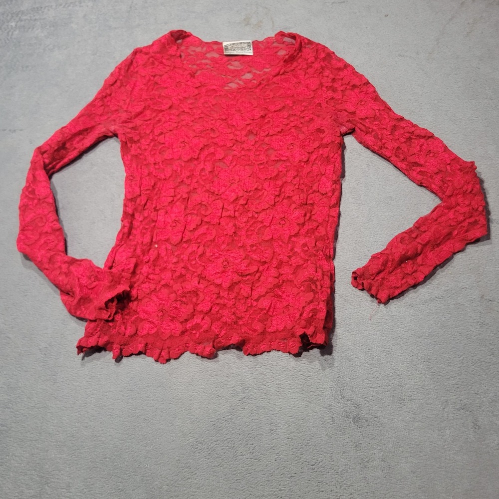 Simply Detailed Lace Top Womens Red Diana‎ Stowers V-Neck Sheer Floral Blouse